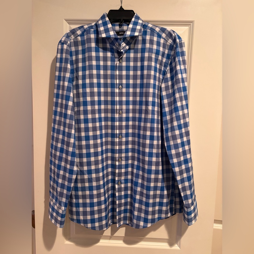 BOSS Hugo Boss Slim Fit Dress Shirt Mens 16 Blue Check Easy Iron